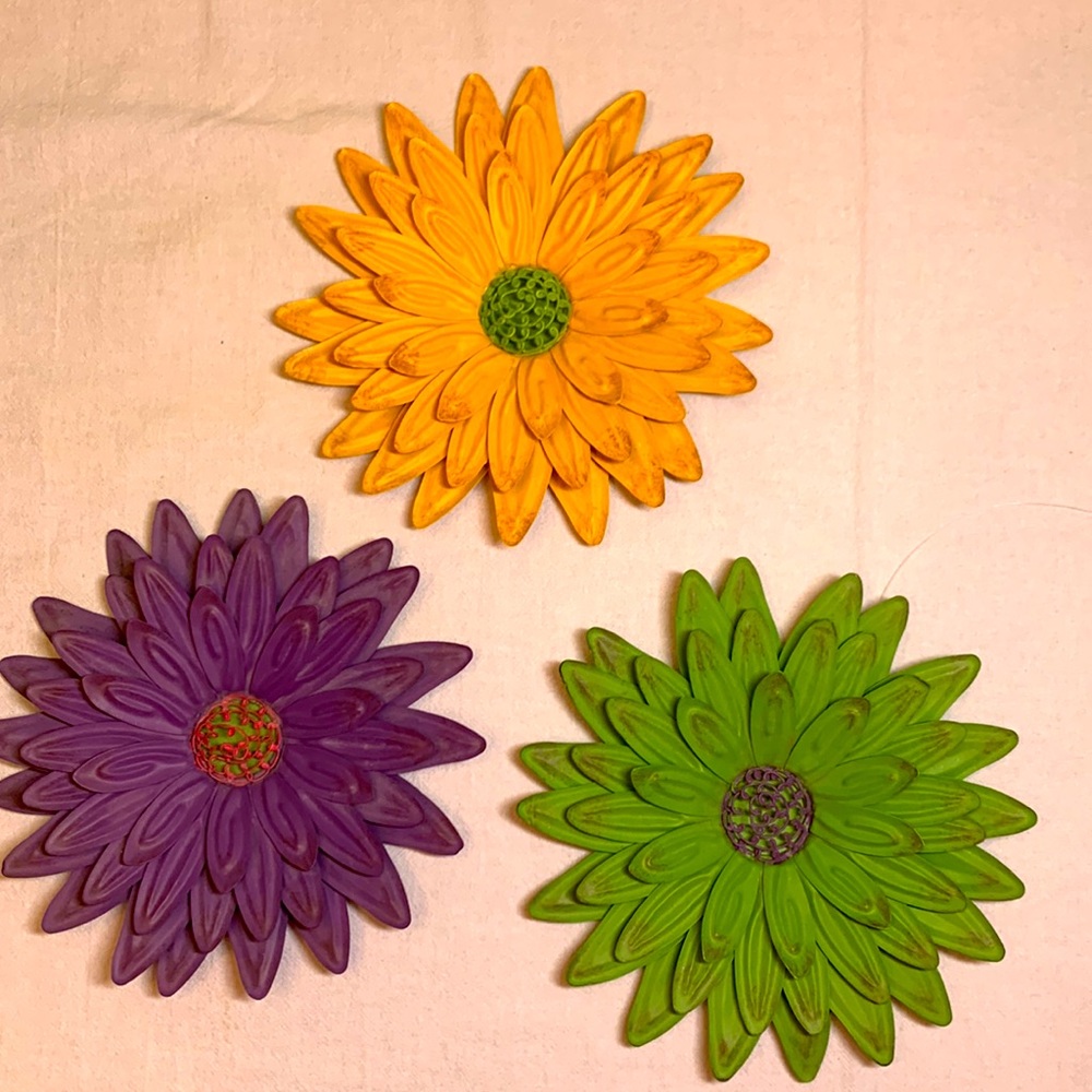 Metal Flowers. Yellow, Purple, & Green.   Home Decor.  Sunroom.  Girls Room.